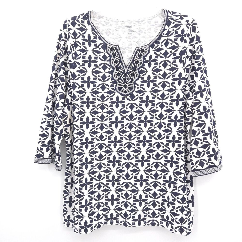 Charter Club Navy & White Geometric W Beaded Accent Tunic 3X